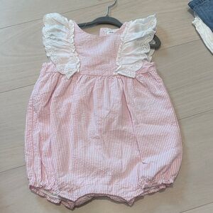 Janie and Jack Pink and White Seersucker Bubble Romper new without tags 12-18